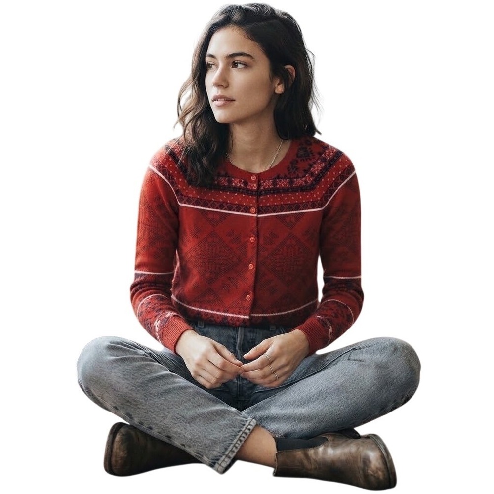 Fair Isle Cardigan Christmas Sweater Red Holiday Ugly Sweater Ski Preppy Small